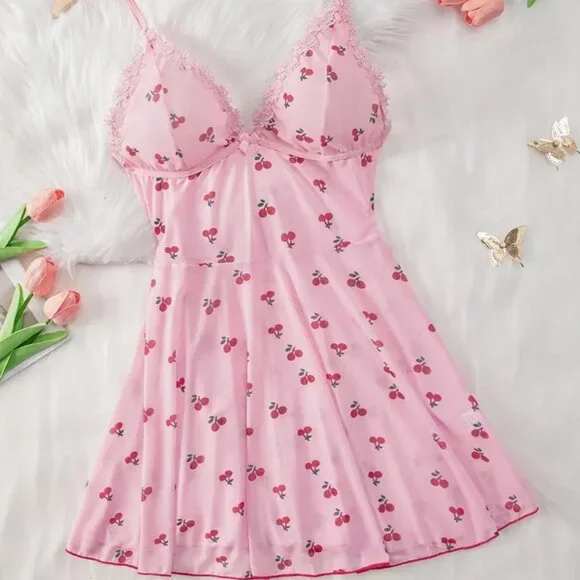 XL Sexy Cherry Print Lace Trim Slip Nightdress, V Neck Backless Sleep Mini Dress - Picture 1 of 5